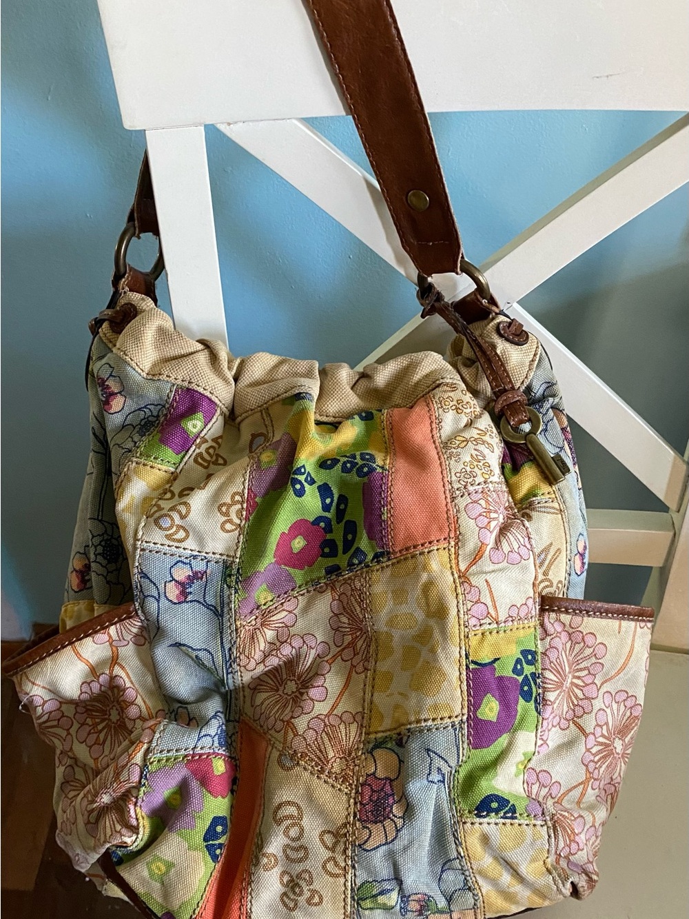 Fossil Multicolor Patchwork Floral Shoulder Bag with Brown Strap